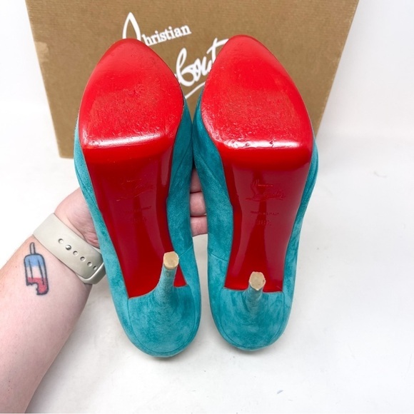 Christian Louboutin Troca 140 Genuine Suede Leather Peep Toe Heels Teel Sz 38.5 - Picture 7 of 9